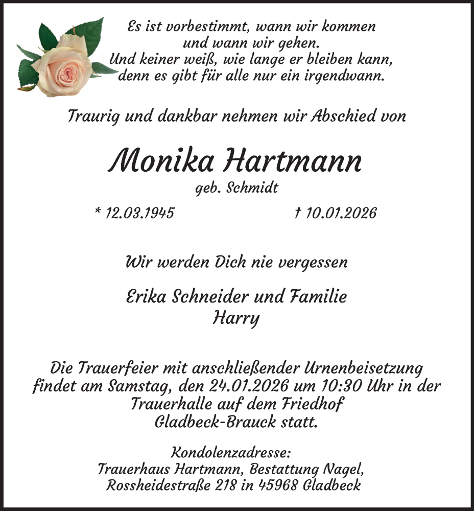  Traueranzeige für Monika Hartmann vom 17.01.2026 aus Tageszeitung