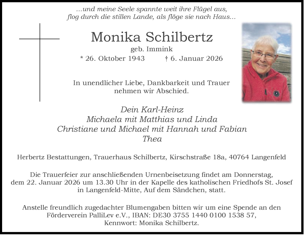  Traueranzeige für Monika Schilbertz vom 17.01.2026 aus Tageszeitung