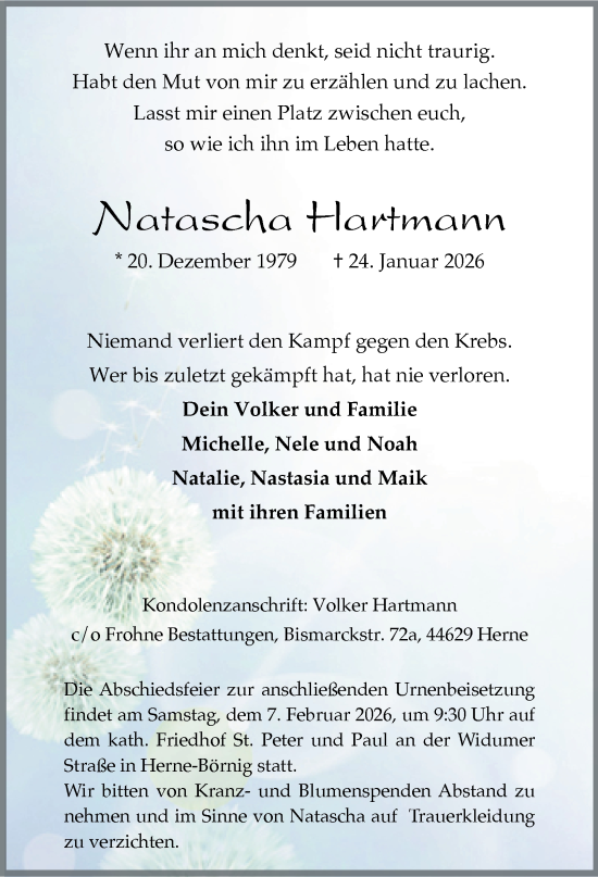 Traueranzeige von Natascha Hartmann von Tageszeitung