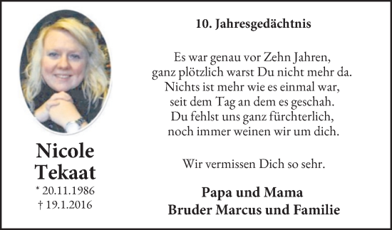 Traueranzeige von Nicole Tekaat von Tageszeitung
