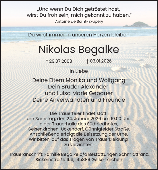Traueranzeige von Nikolas Begalke von Tageszeitung