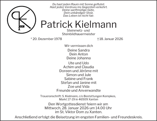 Traueranzeige von Patrick Kielmann von Tageszeitung