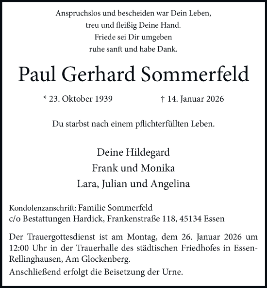 Traueranzeige von Paul Gerhard Sommerfeld von Tageszeitung