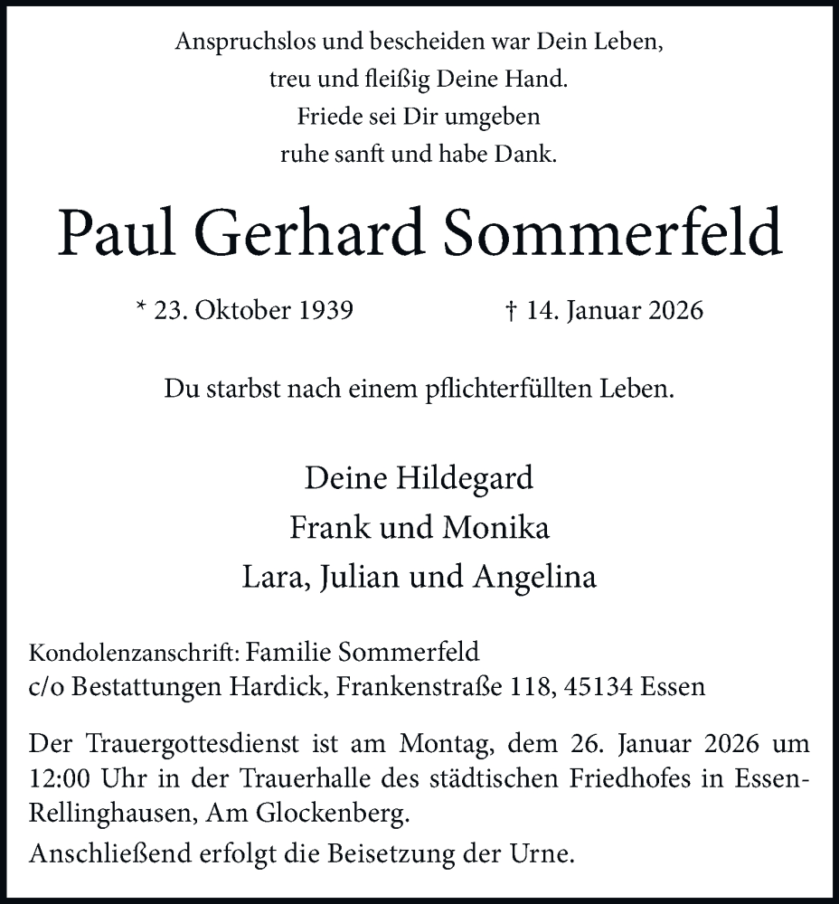  Traueranzeige für Paul Gerhard Sommerfeld vom 17.01.2026 aus Tageszeitung