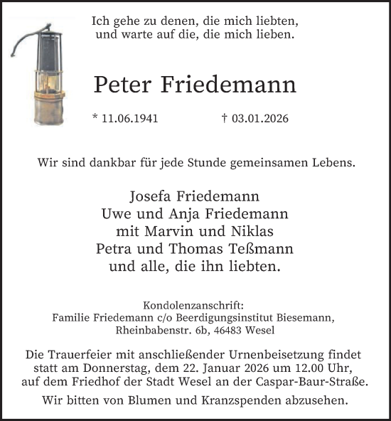 Traueranzeige von Peter Friedemann von Tageszeitung
