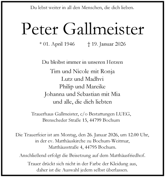 Traueranzeige von Peter Gallmeister von Tageszeitung