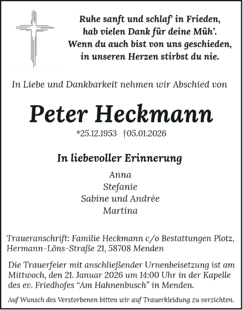  Traueranzeige für Peter Heckmann vom 17.01.2026 aus Tageszeitung
