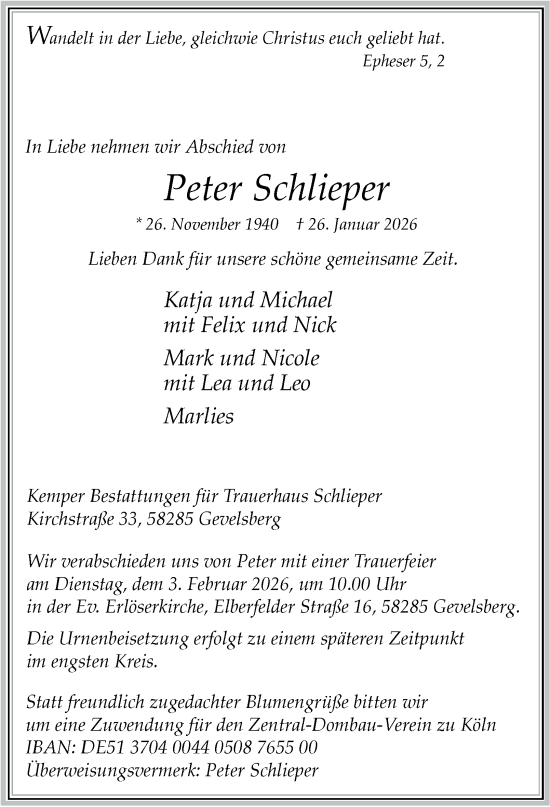 Traueranzeige von Peter Schlieper von Tageszeitung