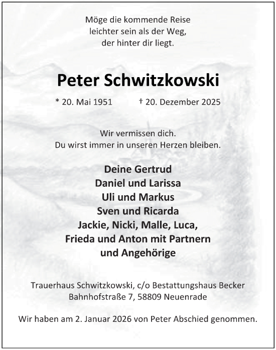 Traueranzeige von Peter Schwitzkowski von Tageszeitung