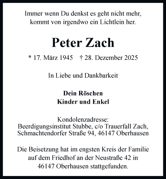 Traueranzeige von Peter Zach von Tageszeitung