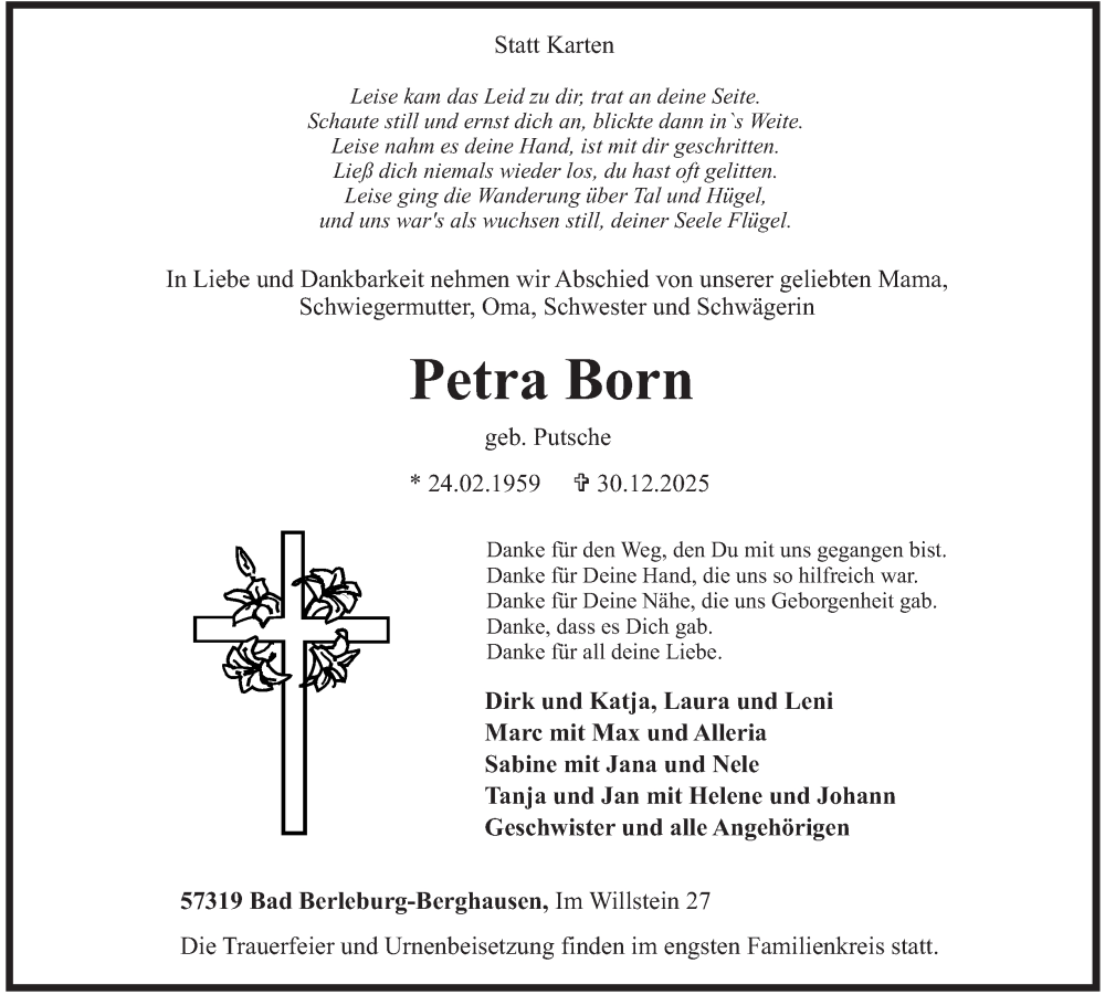 Traueranzeige für Petra Born vom 07.01.2026 aus Tageszeitung