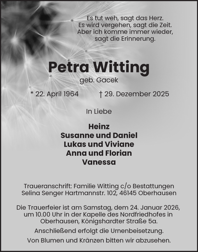 Traueranzeige für Petra Witting vom 17.01.2026 aus Tageszeitung