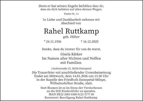 Traueranzeige von Rahel Ruttkamp von Tageszeitung