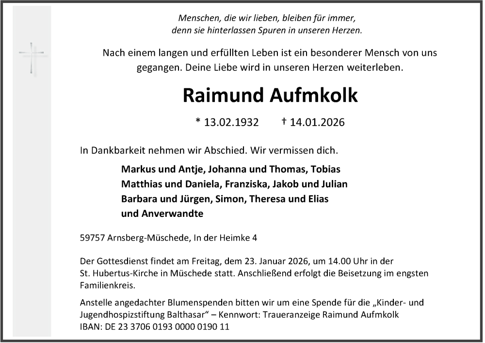  Traueranzeige für Raimund Aufmkolk vom 17.01.2026 aus Tageszeitung