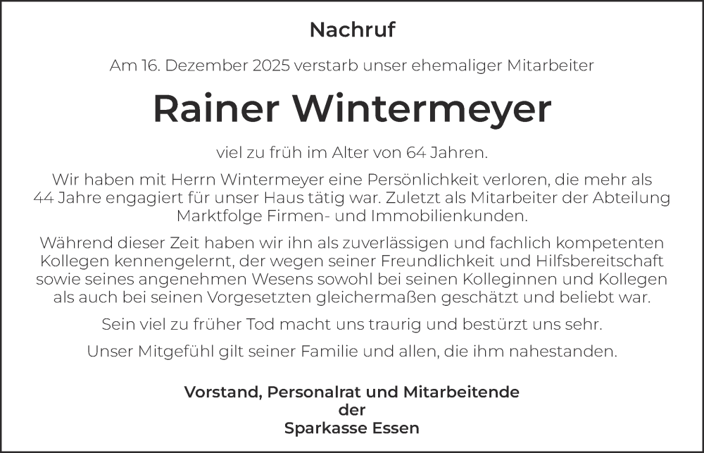  Traueranzeige für Rainer Wintermeyer vom 23.01.2026 aus Tageszeitung