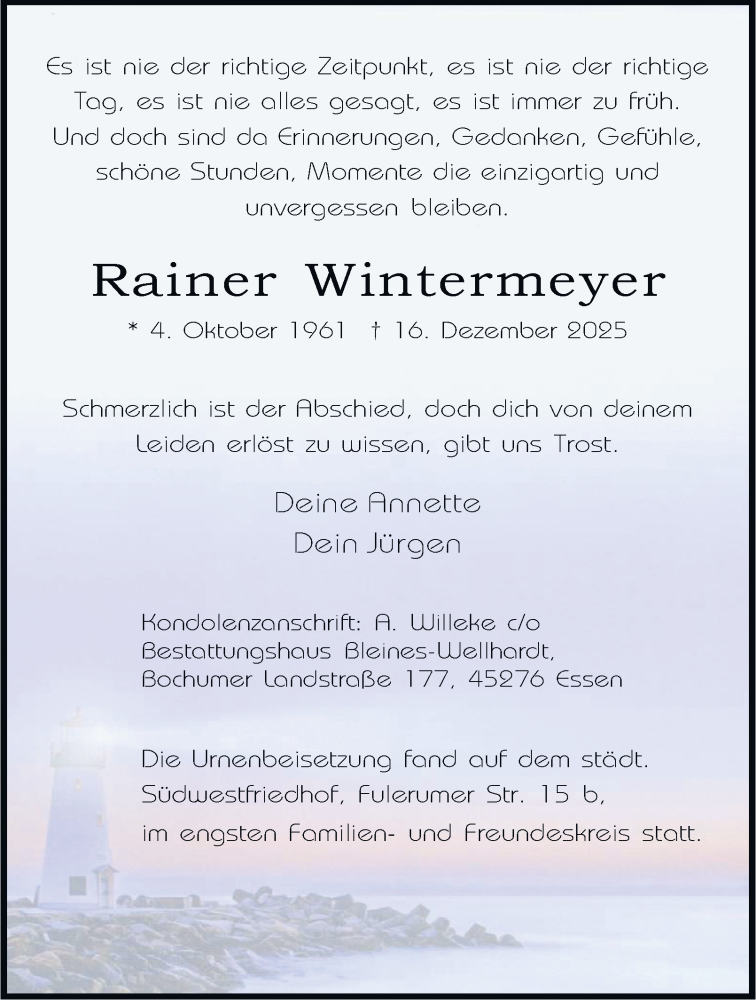  Traueranzeige für Rainer Wintermeyer vom 17.01.2026 aus Tageszeitung