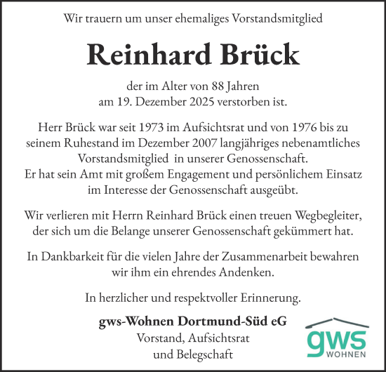 Traueranzeige von Reinhard Brück von Tageszeitung