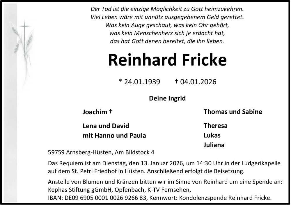  Traueranzeige für Reinhard Fricke vom 10.01.2026 aus Tageszeitung