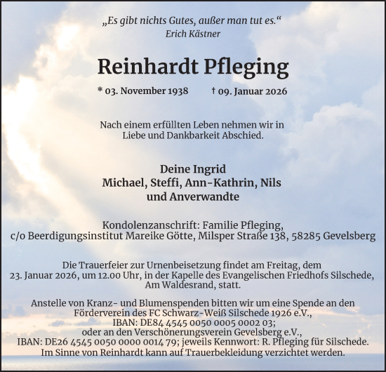 Traueranzeige von Reinhardt Pfleging von Tageszeitung