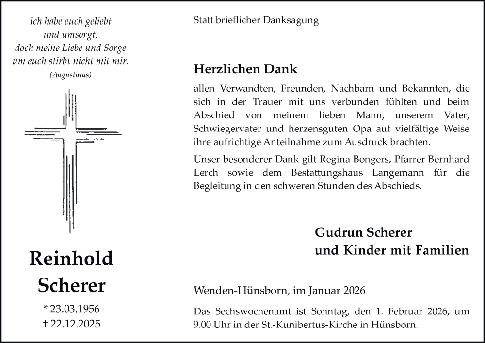  Traueranzeige für Reinhold Scherer vom 24.01.2026 aus Tageszeitung
