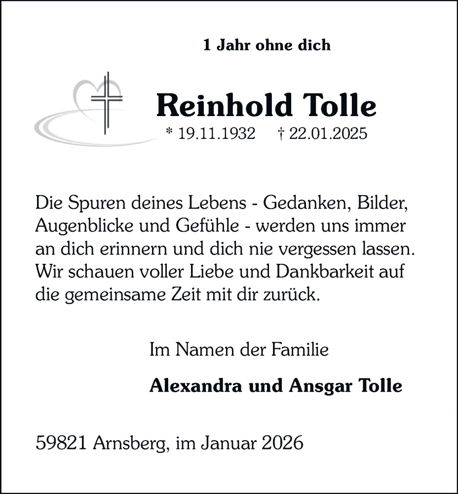  Traueranzeige für Reinhold Tolle vom 24.01.2026 aus Tageszeitung