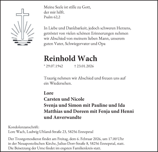 Traueranzeige von Reinhold Wach von Tageszeitung