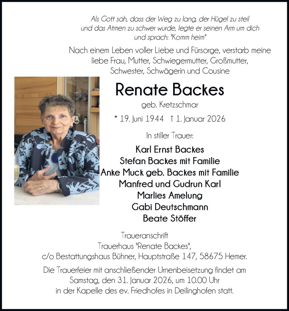  Traueranzeige für Renate Backes vom 24.01.2026 aus Tageszeitung