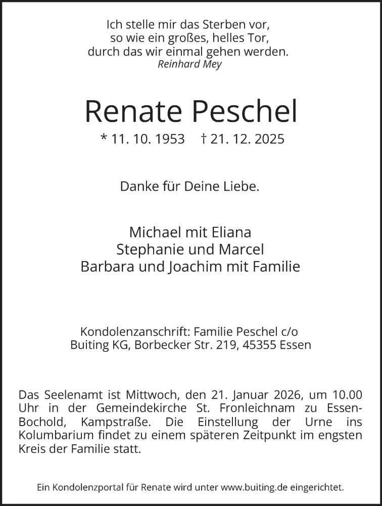  Traueranzeige für Renate Peschel vom 10.01.2026 aus Tageszeitung