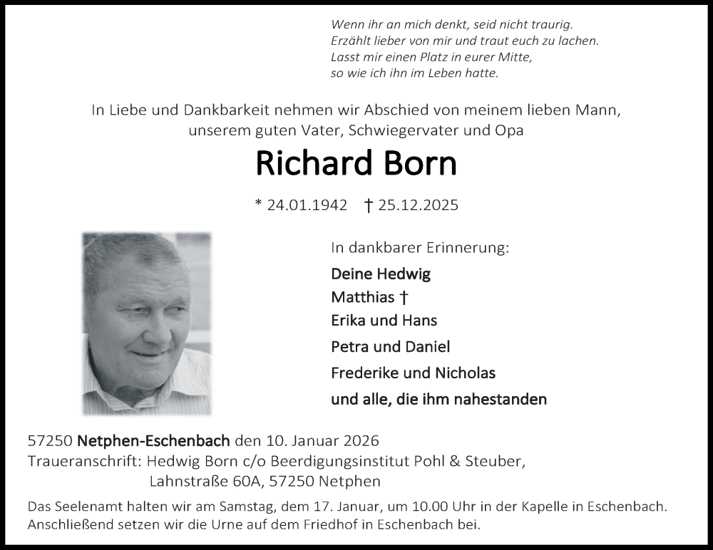  Traueranzeige für Richard Born vom 10.01.2026 aus Tageszeitung