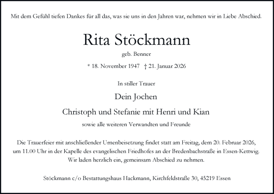 Traueranzeige von Rita Stöckmann von Tageszeitung
