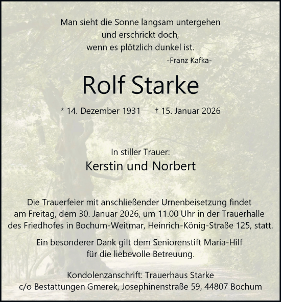 Traueranzeige von Rolf Starke von Tageszeitung