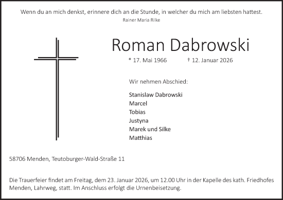 Traueranzeige von Roman Dabrowski von Tageszeitung