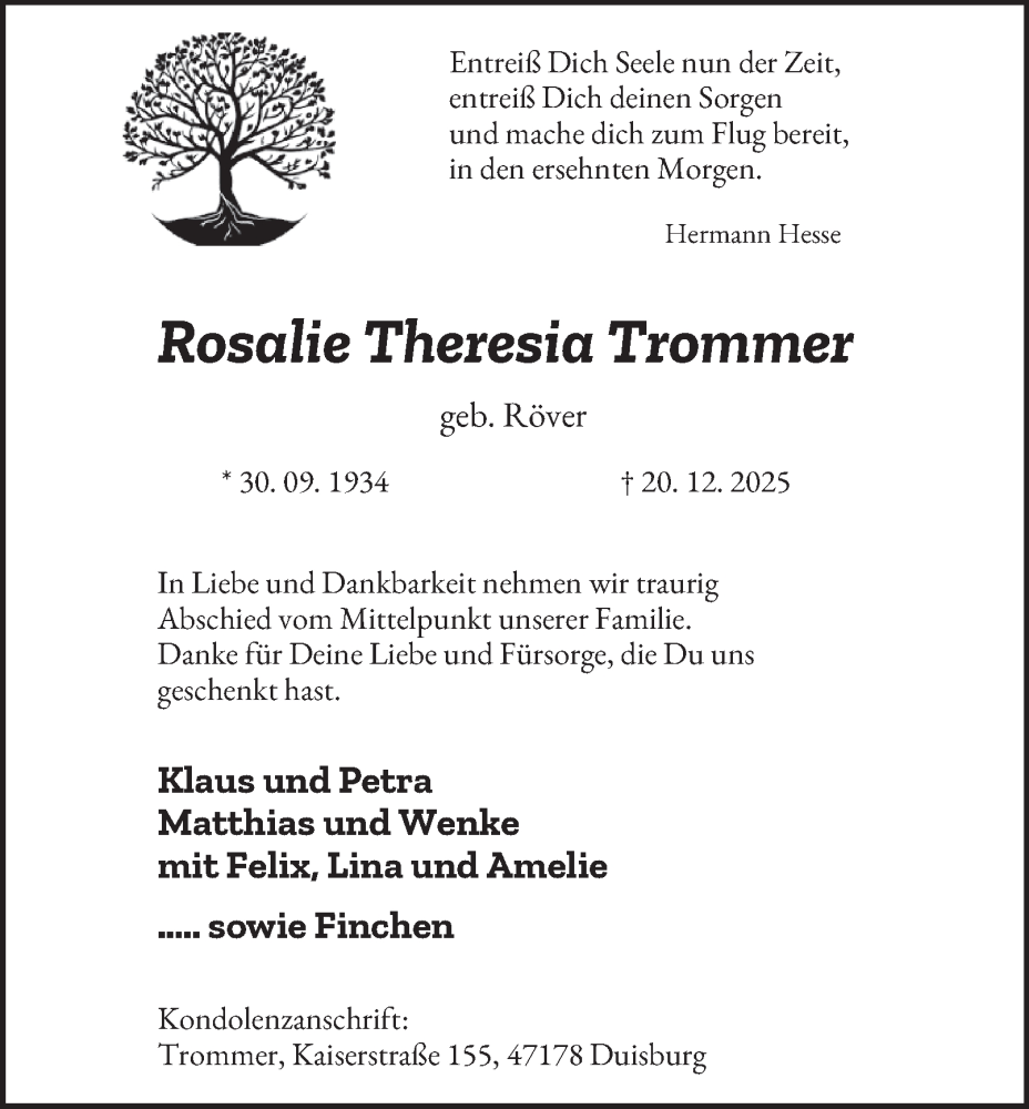  Traueranzeige für Rosalie Theresia Trommer vom 03.01.2026 aus Tageszeitung