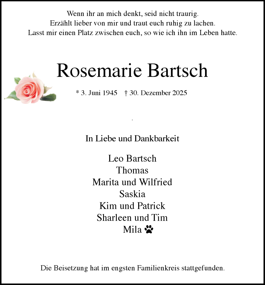  Traueranzeige für Rosemarie Bartsch vom 17.01.2026 aus Tageszeitung