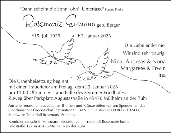 Traueranzeige von Rosemarie Eumann von Tageszeitung