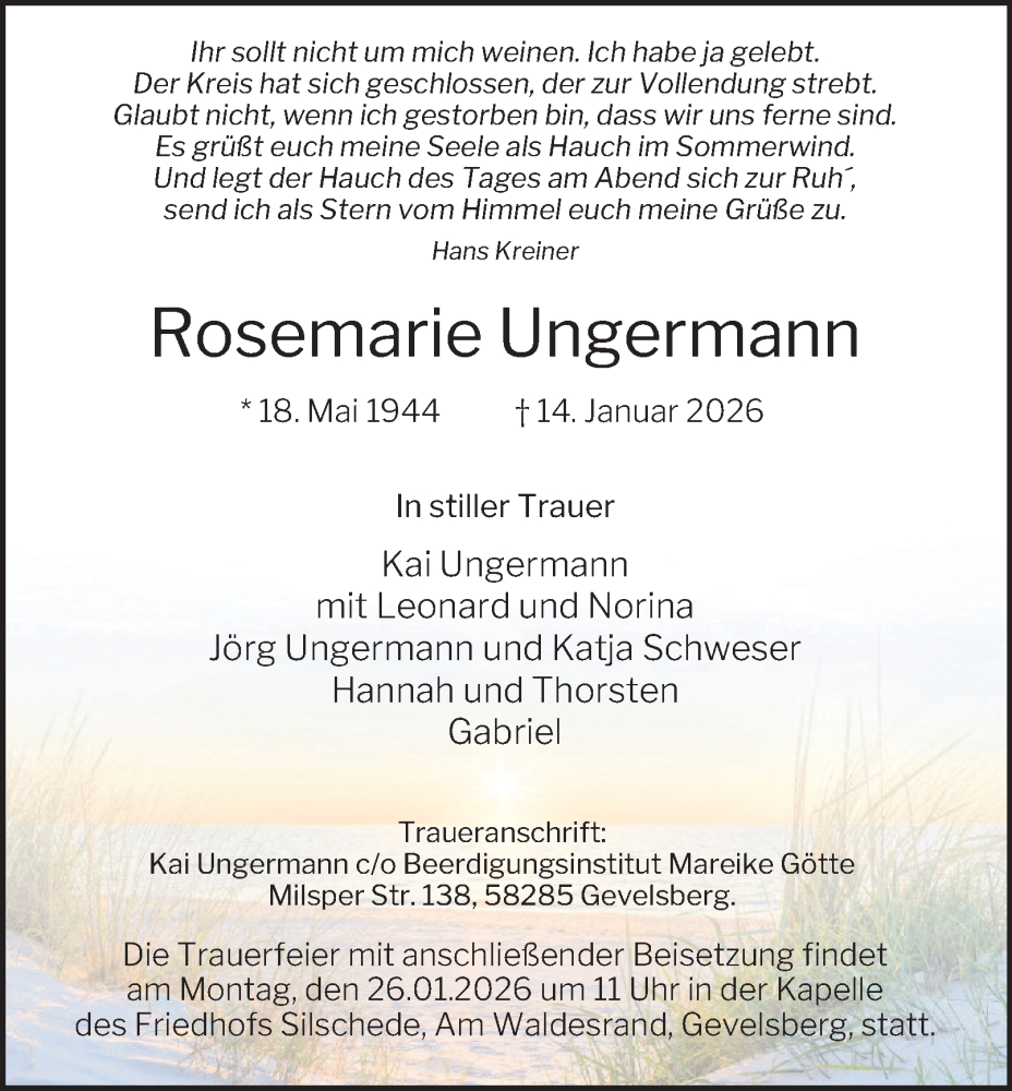  Traueranzeige für Rosemarie Ungermann vom 24.01.2026 aus Tageszeitung