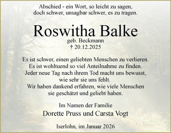 Traueranzeige von Roswitha Balke von Tageszeitung