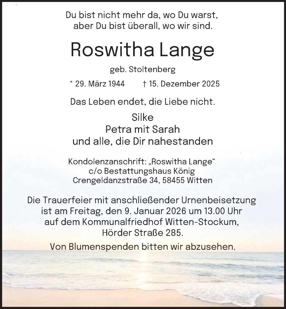  Traueranzeige für Roswitha Lange vom 03.01.2026 aus Tageszeitung