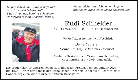 Traueranzeige von Rudi Schneider von Tageszeitung