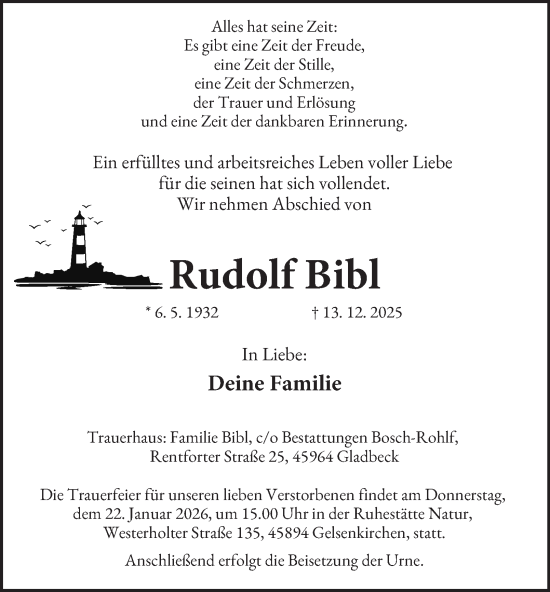 Traueranzeige von Rudolf Bibl von Tageszeitung