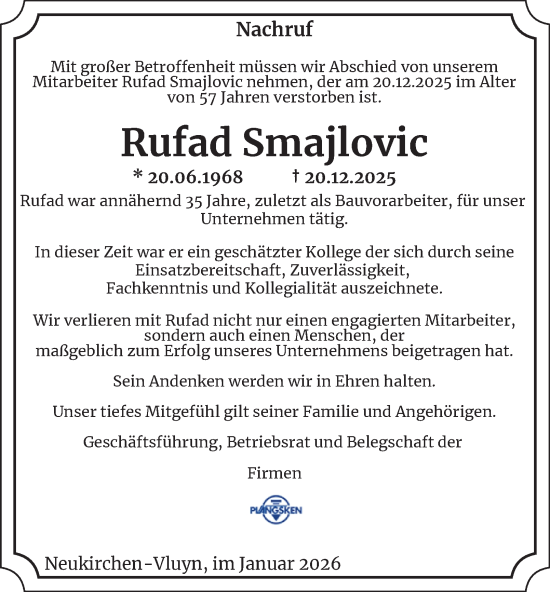 Traueranzeige von Rufad Smajlovic von Tageszeitung