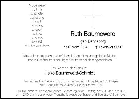 Traueranzeige von Ruth Baumewerd von Tageszeitung