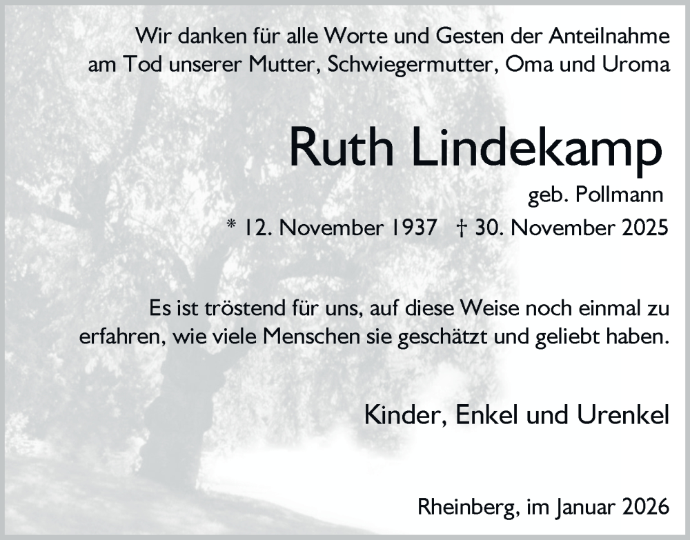  Traueranzeige für Ruth Lindekamp vom 10.01.2026 aus Tageszeitung