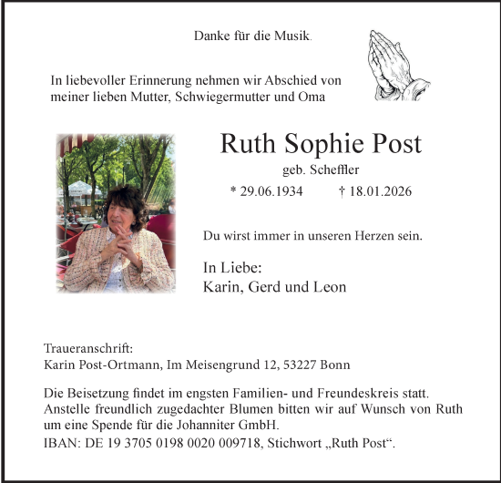 Traueranzeige von Ruth Sophie Post von Tageszeitung