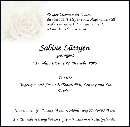 Traueranzeige von Sabine Lüttgen von Tageszeitung