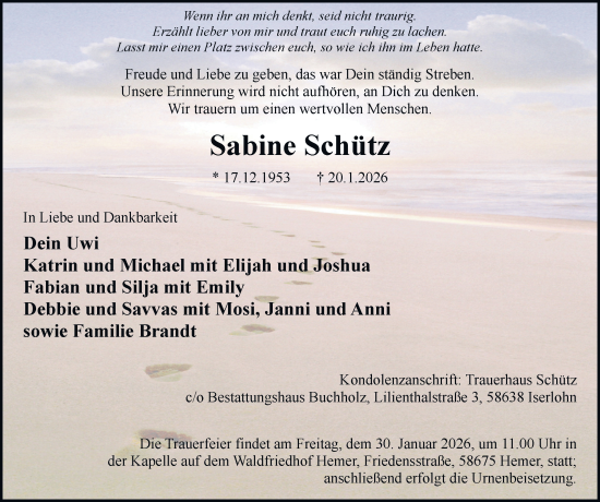 Traueranzeige von Sabine Schütz von Tageszeitung