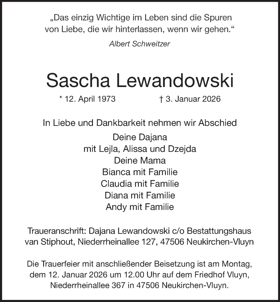  Traueranzeige für Sascha Lewandowski vom 09.01.2026 aus Tageszeitung