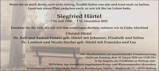 Traueranzeige von Siegfried Härtel von Tageszeitung