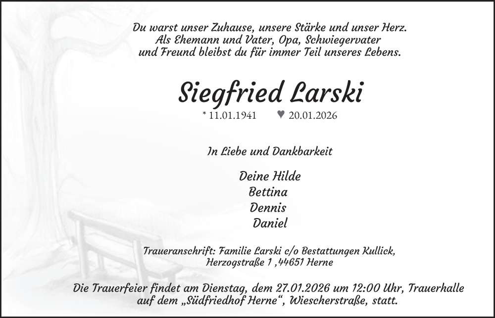  Traueranzeige für Siegfried Larski vom 24.01.2026 aus Tageszeitung