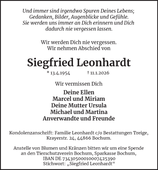 Traueranzeige von Siegfried Leonhardt von Tageszeitung